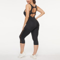 Drop Shipping Sleeveless Fitness Yoga Wear Plus Size High Elastic Mesh Gym Wear Back Hollow Out Black Jumpsuit For Women